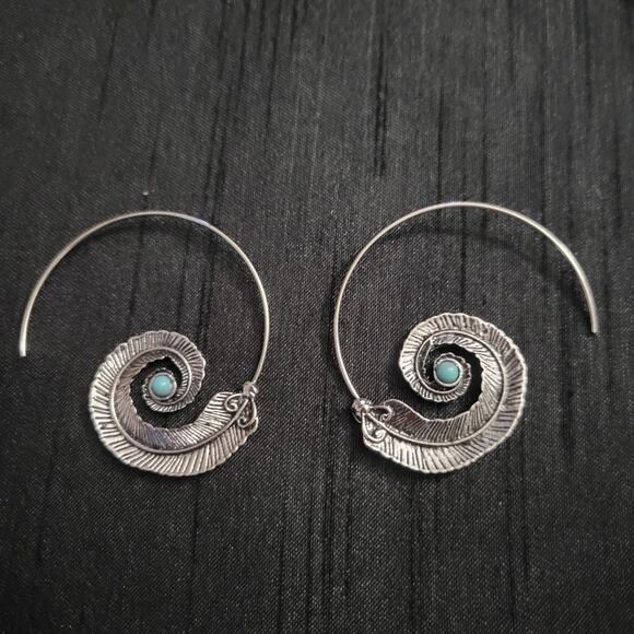 Spiral feather turquoise earrings, silver tone hoops with synthetic stones - Picture 1 of 3